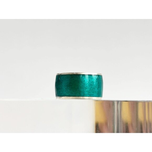 Turquoise Enamel Cigar Style Band Vintage Sterling Silver Ring - sz 7.25 - Picture 5 of 10